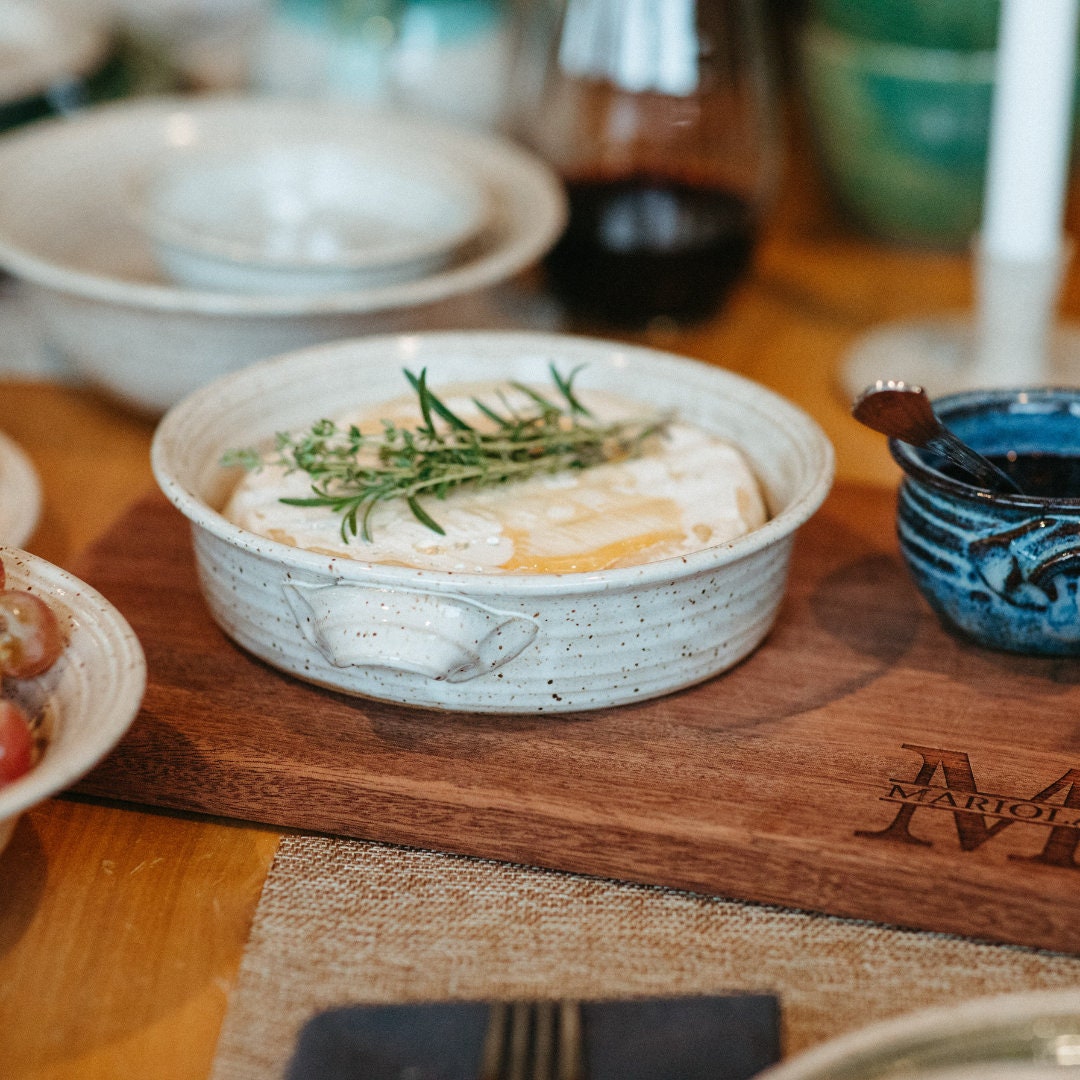 Satin White or Ocean Blue Ceramic Brie Baker pottery baking dish with handles