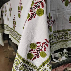 Hand Block Printed Cotton Tablecloth: Burnt Red & Olive Green Floral