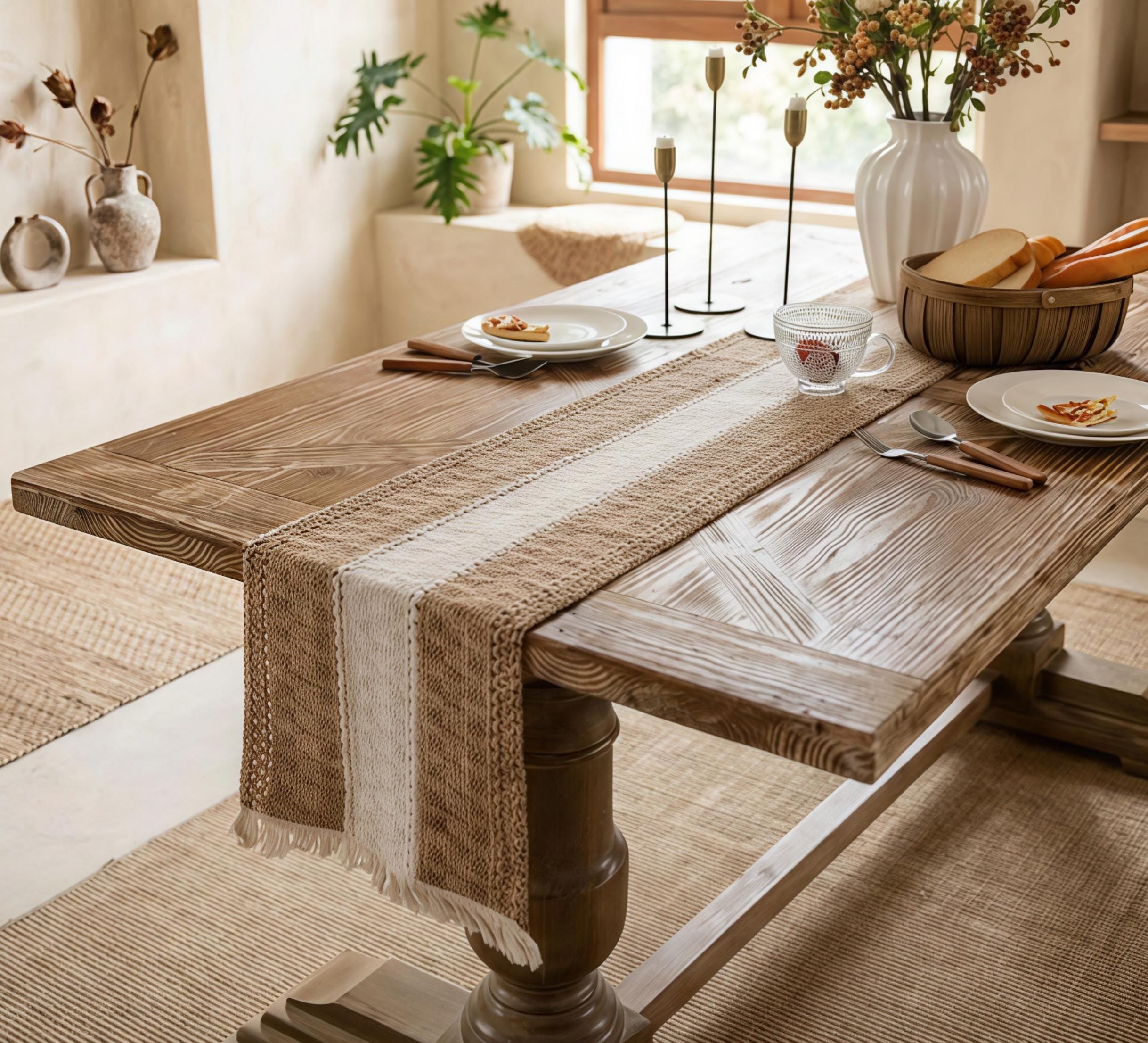 Boho Farmhouse Tassel Table Runner, Cotton Linen Woven Dining Decor - Image 4