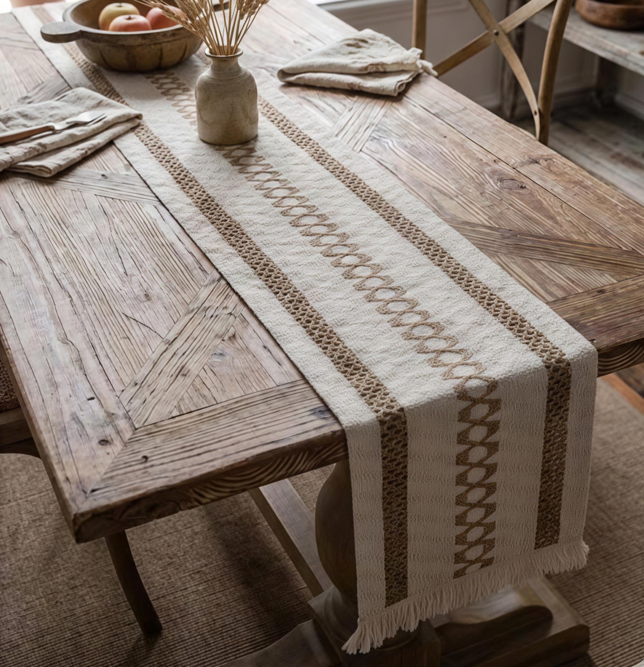 Boho Farmhouse Tassel Table Runner, Cotton Linen Woven Dining Decor - Image 3
