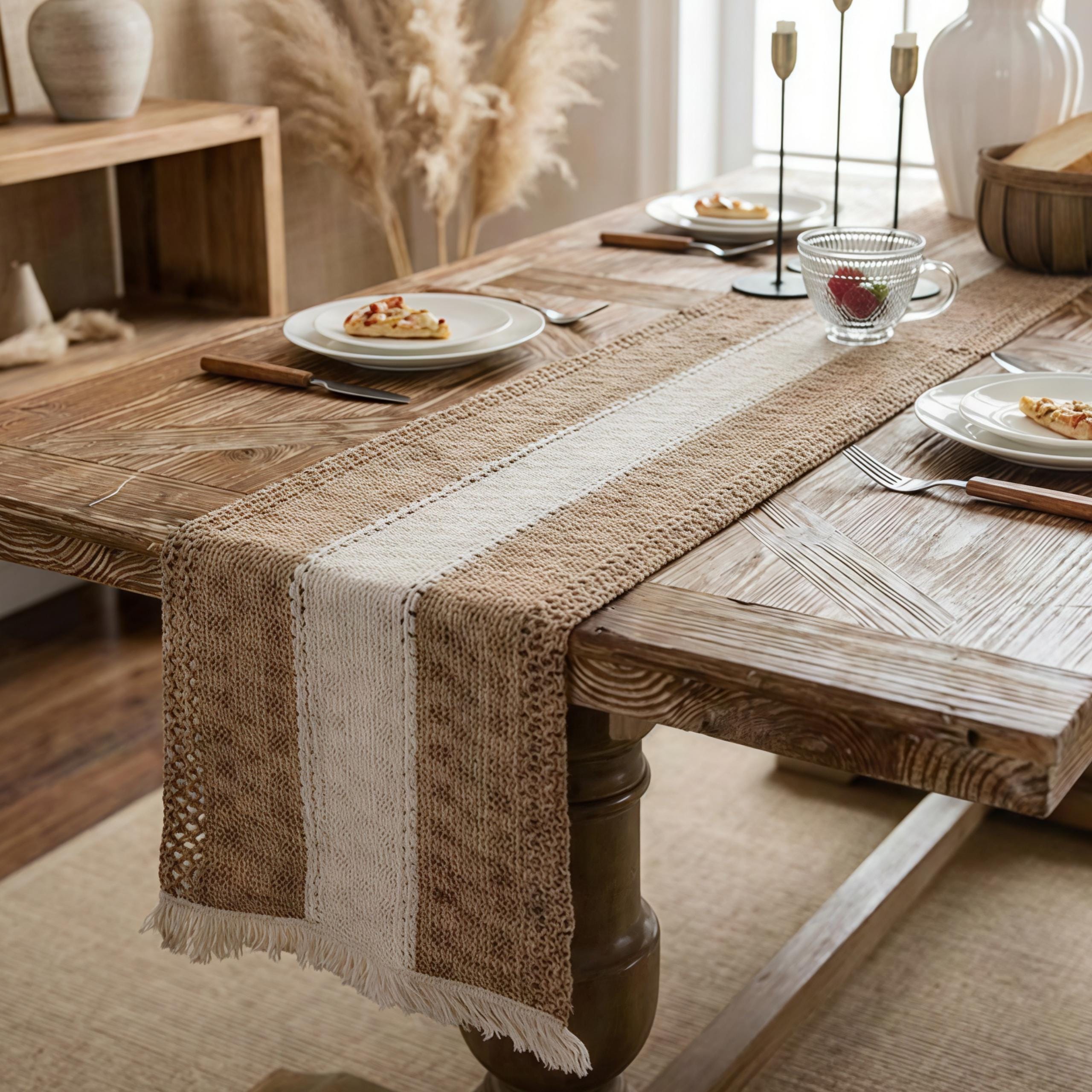 Boho Farmhouse Tassel Table Runner, Cotton Linen Woven Dining Decor - Image 2