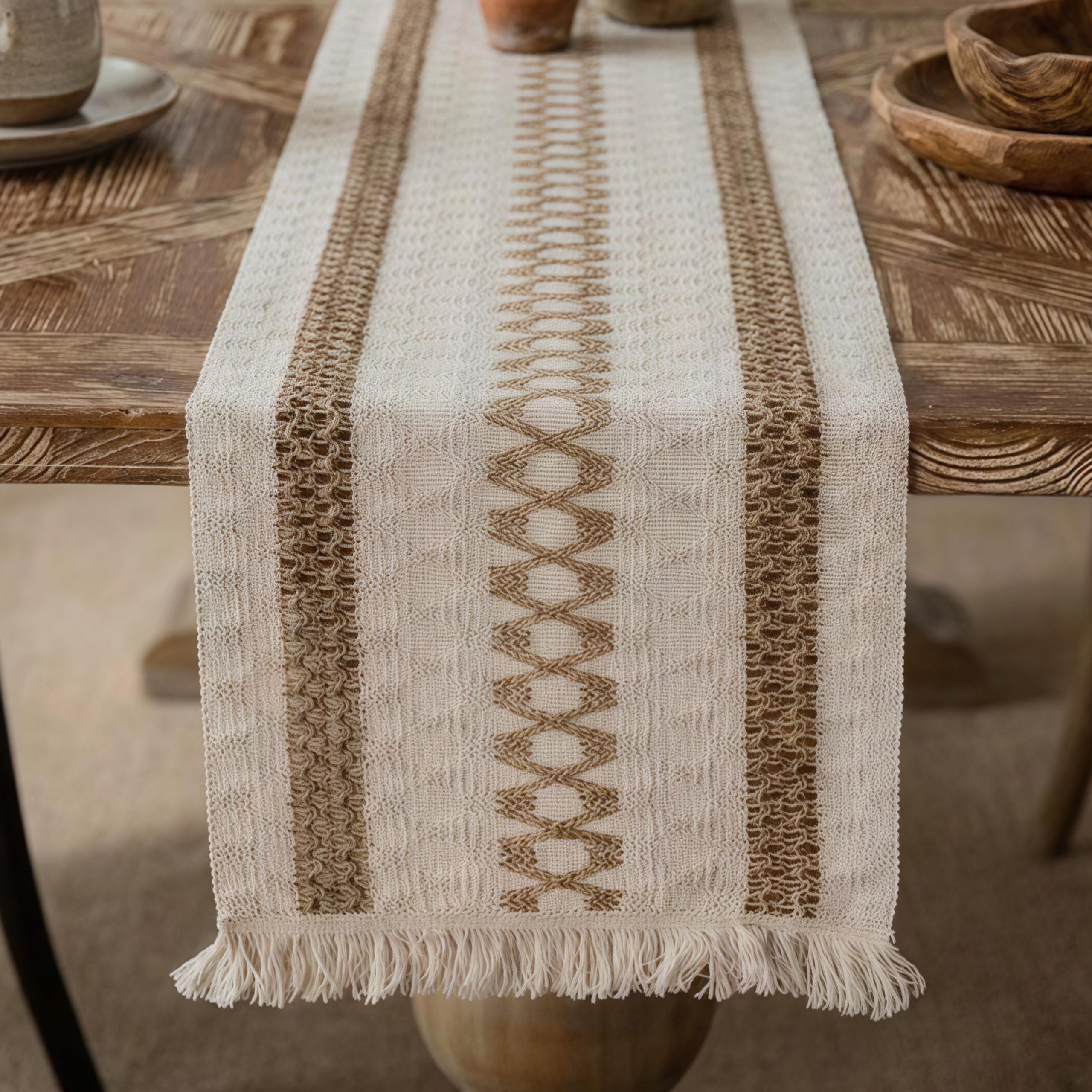 Boho Farmhouse Tassel Table Runner, Cotton Linen Woven Dining Decor - Image 5