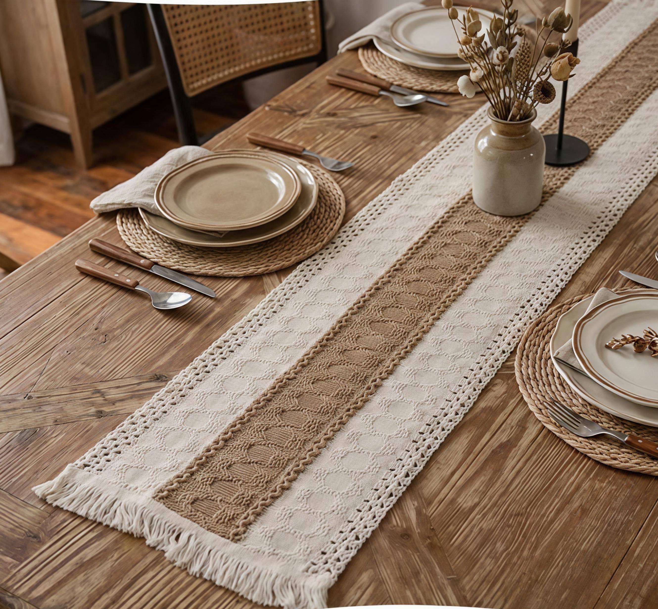 Boho Farmhouse Tassel Table Runner, Cotton Linen Woven Dining Decor - Image 6