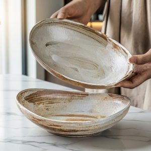 Japanese Wabi-Sabi Oval Ceramic Bowl – Rustic Serving Dish (8 inch)