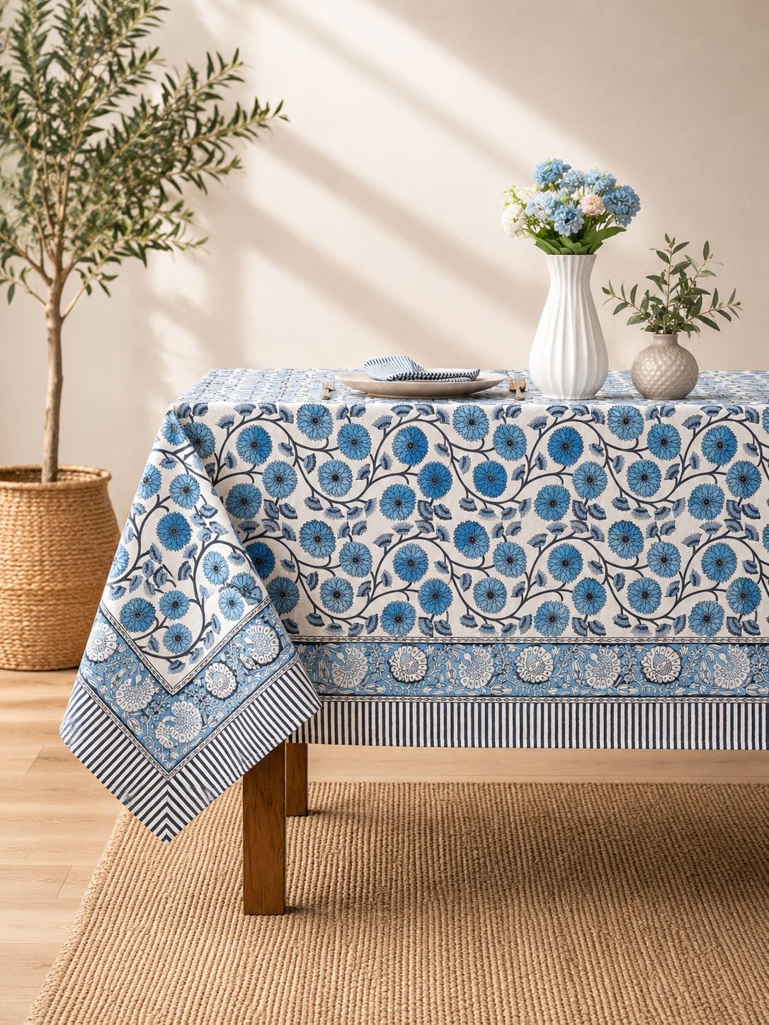 Gray Floral Hand Block Print Cotton Tablecloth Indian Table Cover. - Image 3