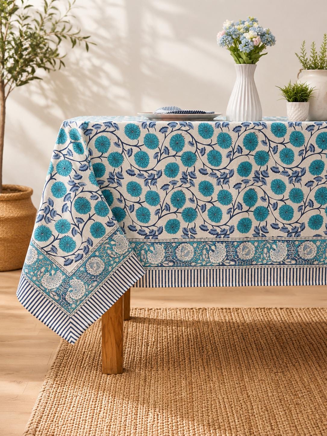 Gray Floral Hand Block Print Cotton Tablecloth Indian Table Cover. - Image 4