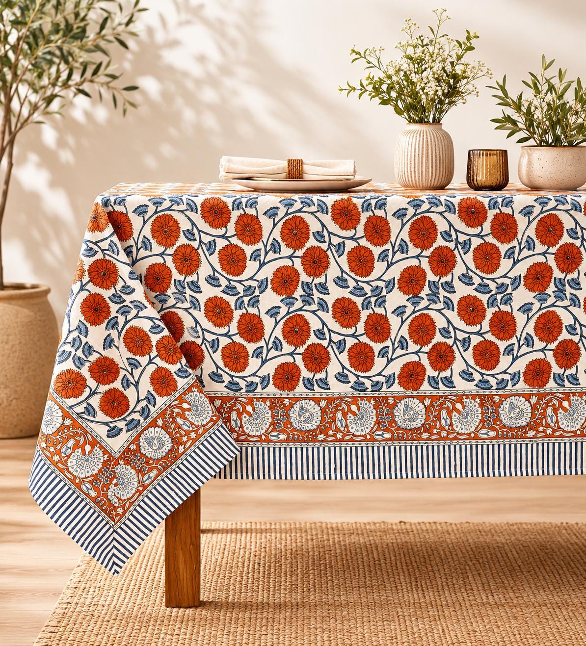Gray Floral Hand Block Print Cotton Tablecloth Indian Table Cover. - Image 5