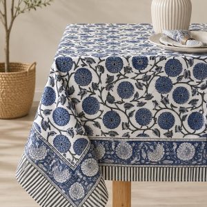 Gray Floral Hand Block Print Cotton Tablecloth Indian Table Cover.