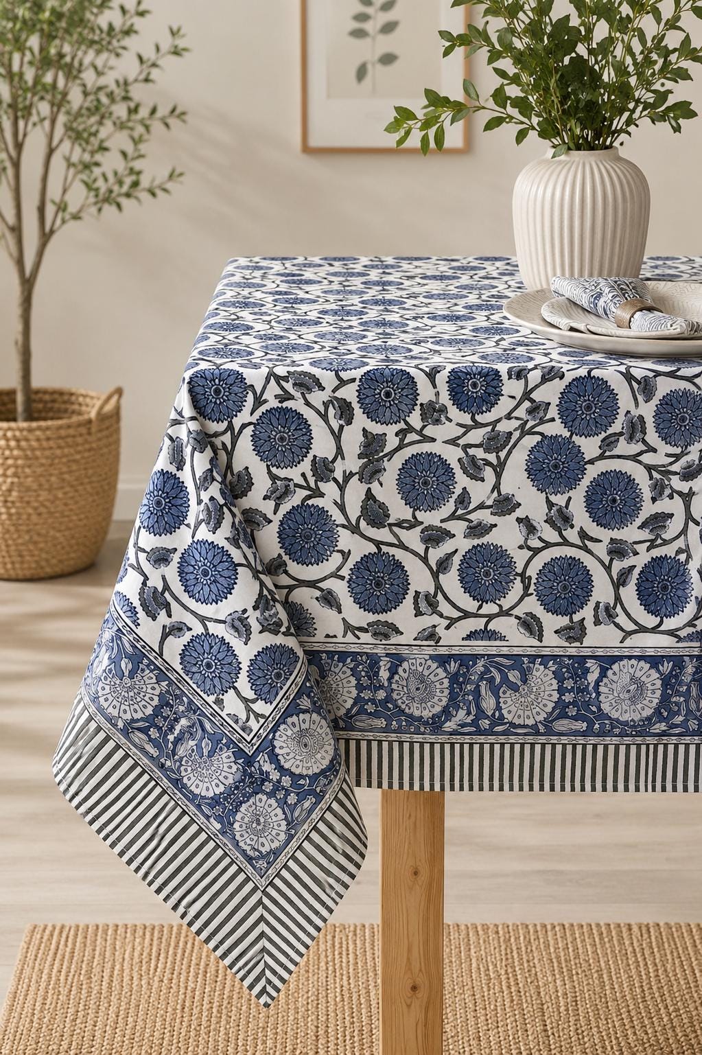 Gray Floral Hand Block Print Cotton Tablecloth Indian Table Cover.