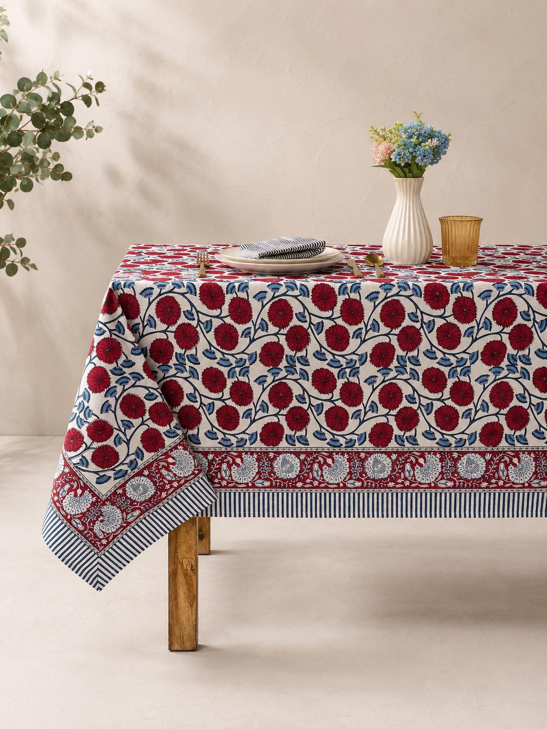 Gray Floral Hand Block Print Cotton Tablecloth Indian Table Cover. - Image 7