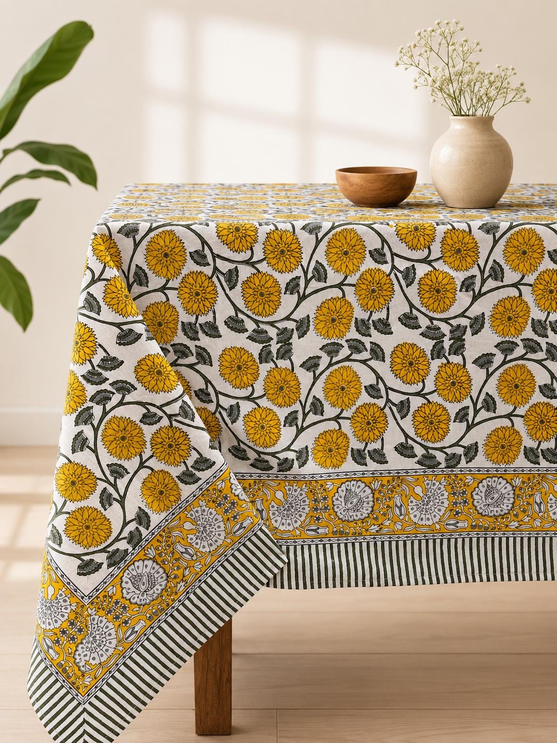 Gray Floral Hand Block Print Cotton Tablecloth Indian Table Cover. - Image 6