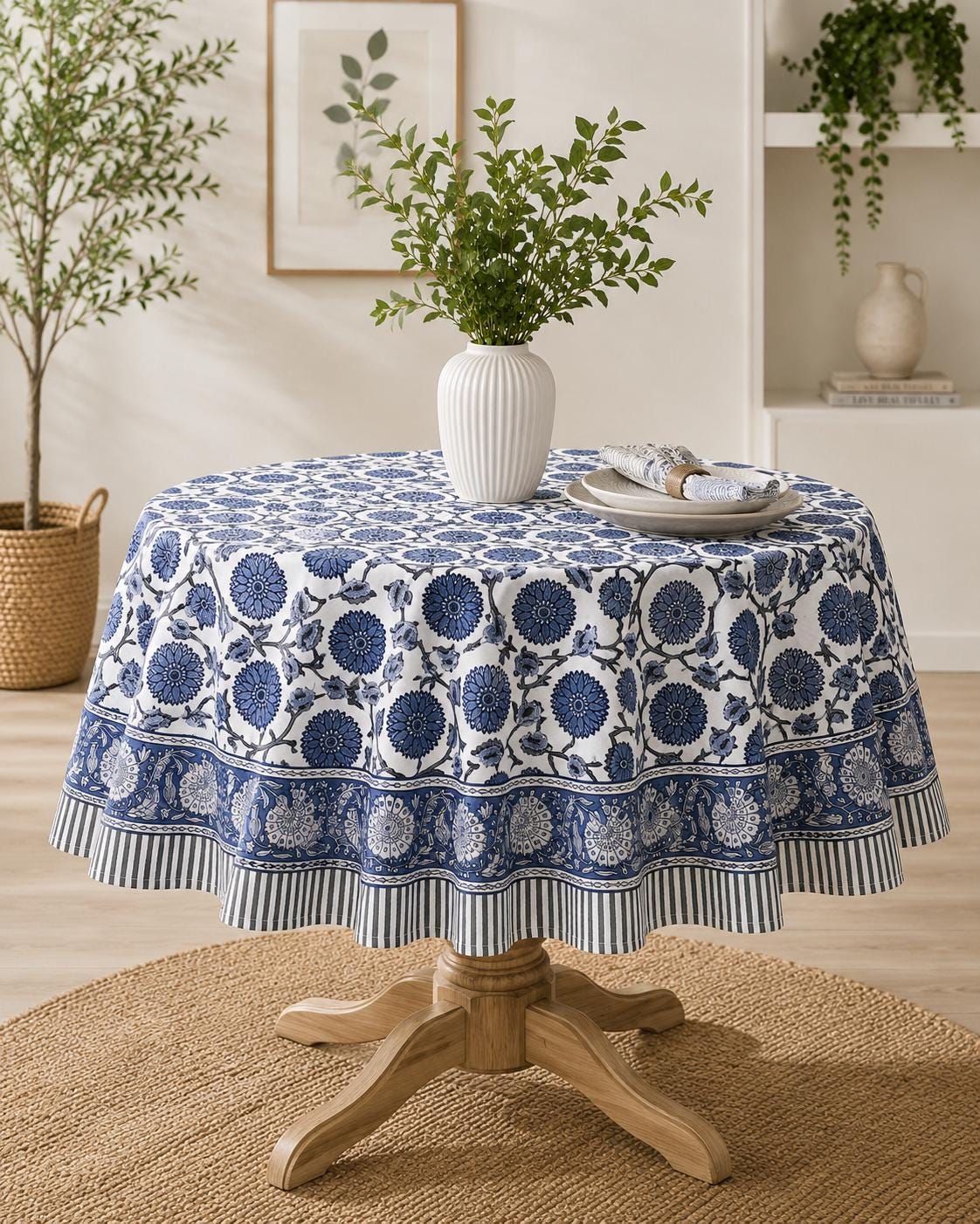 Gray Floral Hand Block Print Cotton Tablecloth Indian Table Cover. - Image 2