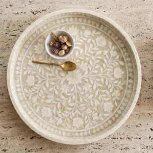 Round Tray Floral Bone Inlay Serving Vanity Decor