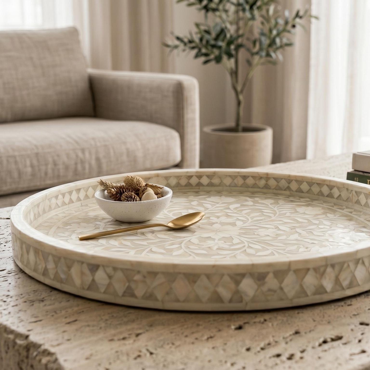 Round Tray Floral Bone Inlay Serving Vanity Decor - Image 2