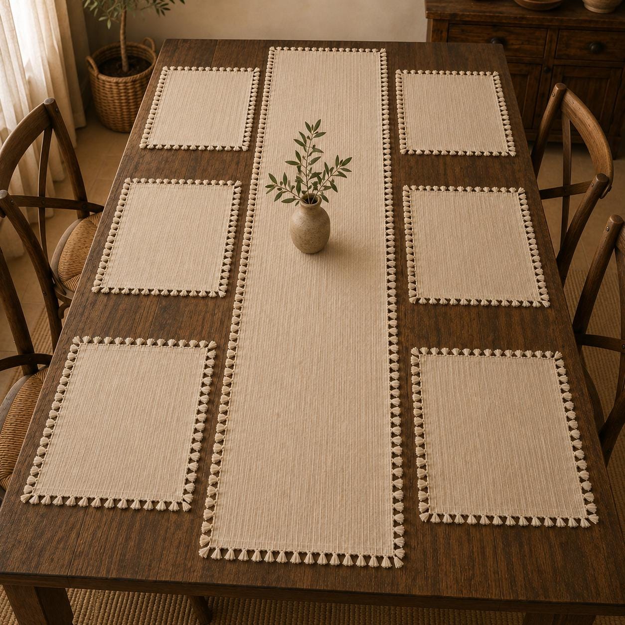 Cotton Table Runner & 6 Placemats Set, Beige Tassel Dining Tablecloth - Image 6