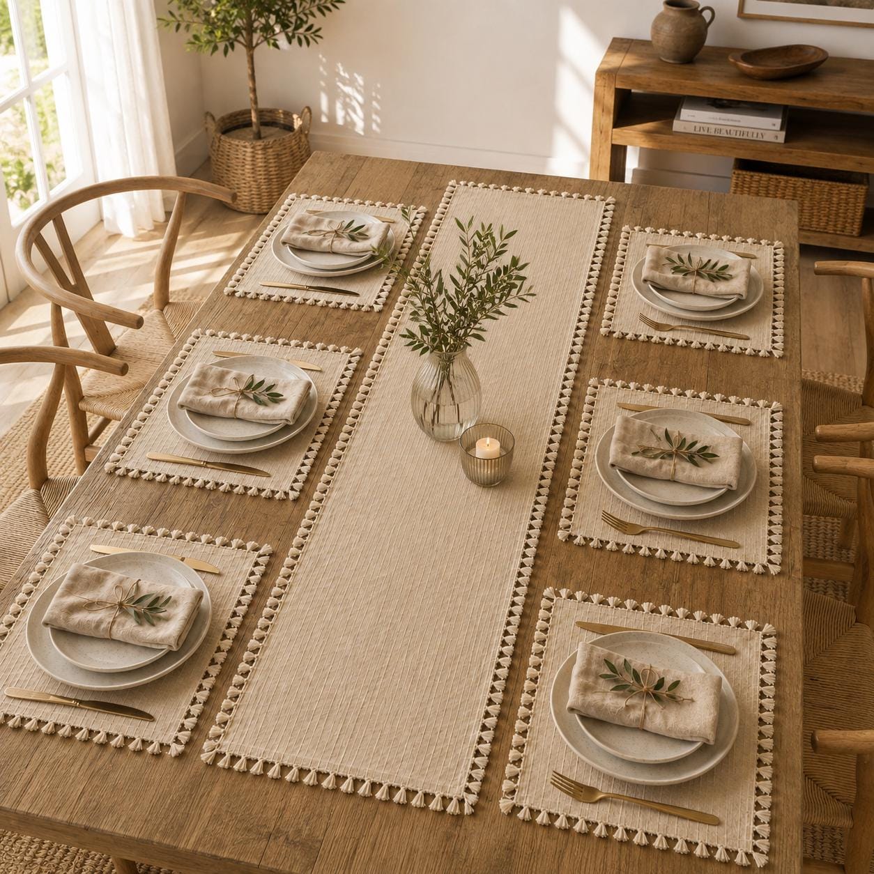 Cotton Table Runner & 6 Placemats Set, Beige Tassel Dining Tablecloth - Image 3