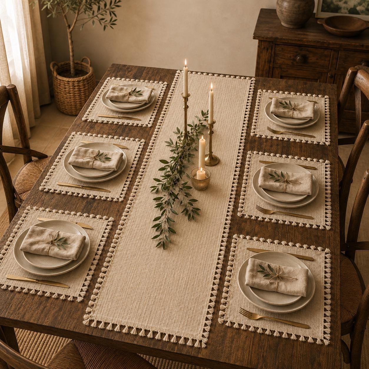 Cotton Table Runner & 6 Placemats Set, Beige Tassel Dining Tablecloth