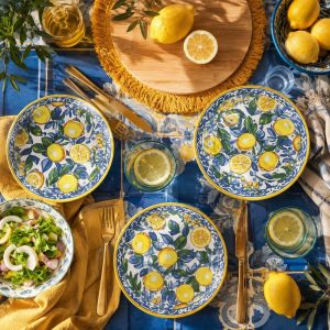 Set of 4 Ceramic Pasta Plates, 20cm Lemon Citrus Dinnerware, Mediterranean Serving Plates