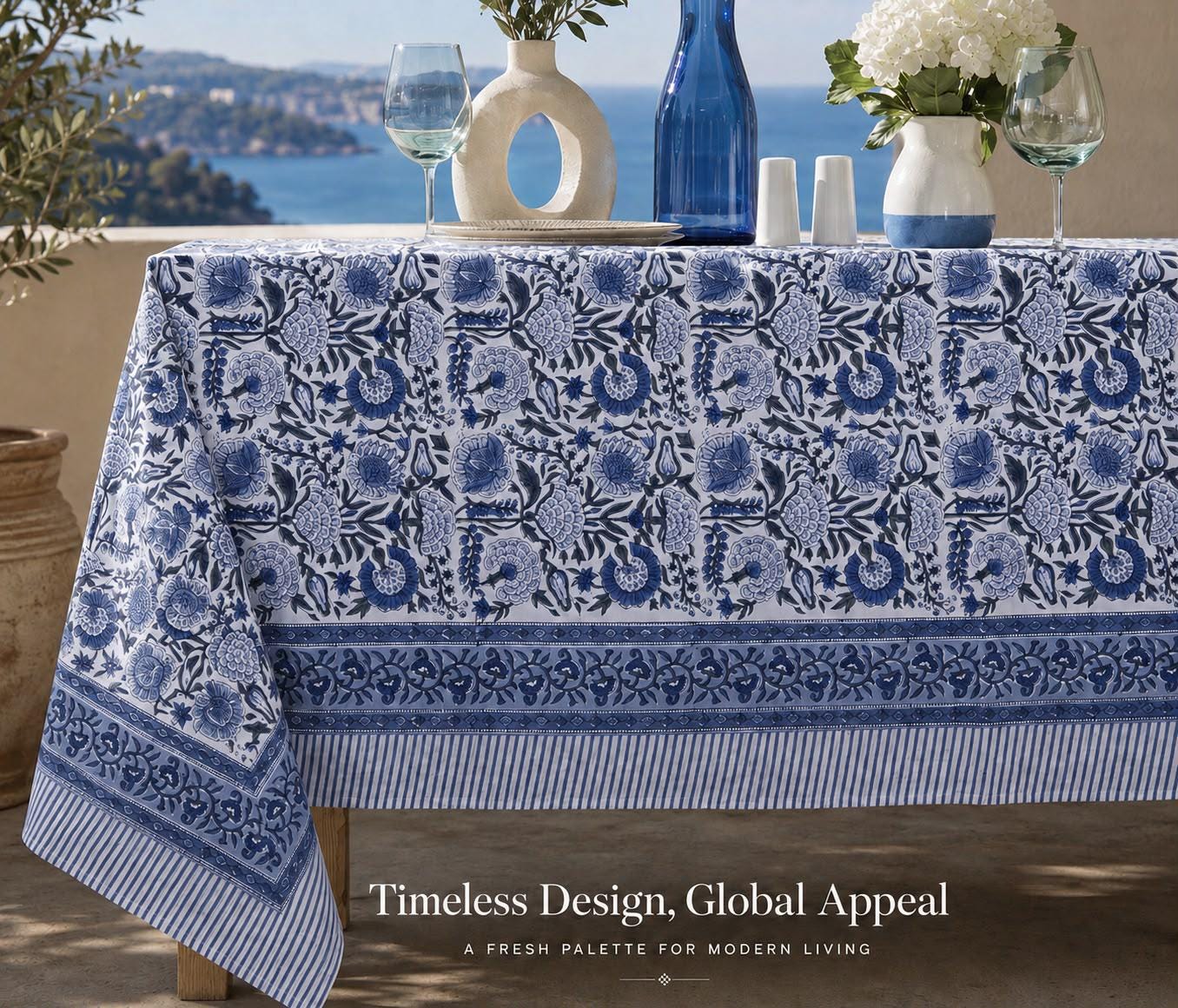 Gray Floral Hand Block Print Cotton Tablecloth Indian Table Cover. - Image 8