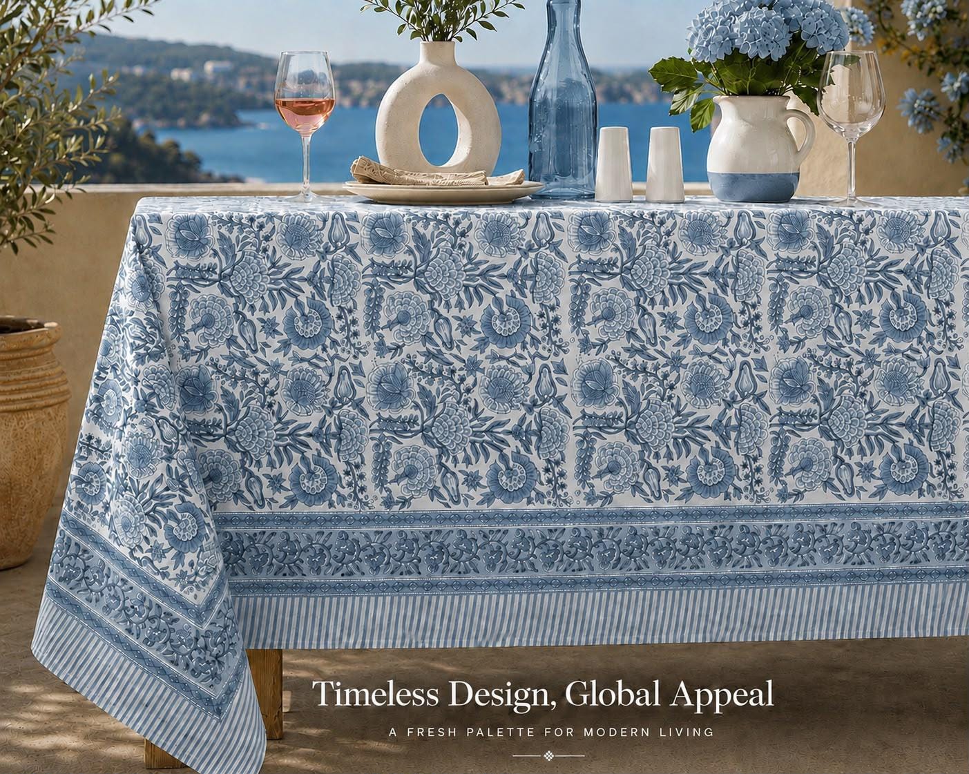 Gray Floral Hand Block Print Cotton Tablecloth Indian Table Cover. - Image 9