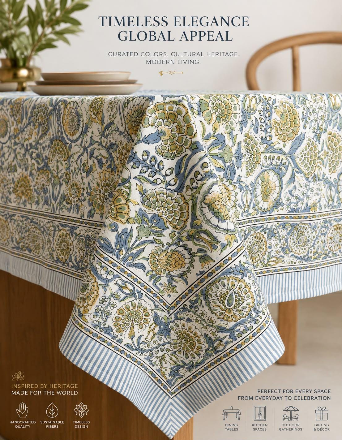Gray Floral Hand Block Print Cotton Tablecloth Indian Table Cover. - Image 13