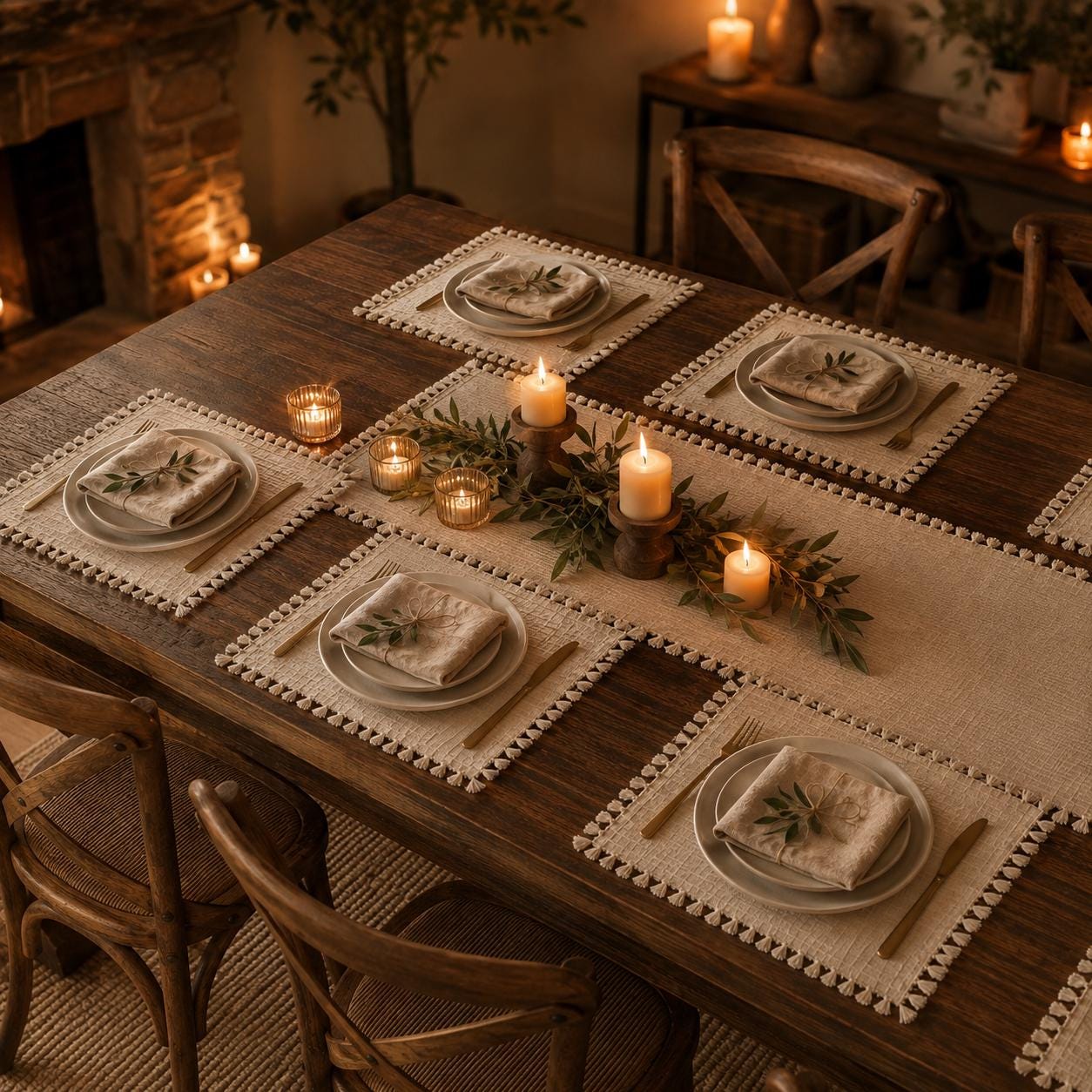 Cotton Table Runner & 6 Placemats Set, Beige Tassel Dining Tablecloth - Image 5