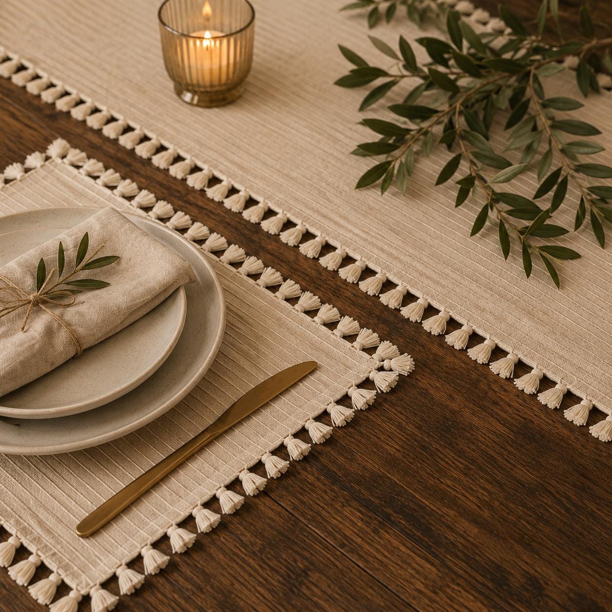 Cotton Table Runner & 6 Placemats Set, Beige Tassel Dining Tablecloth - Image 2