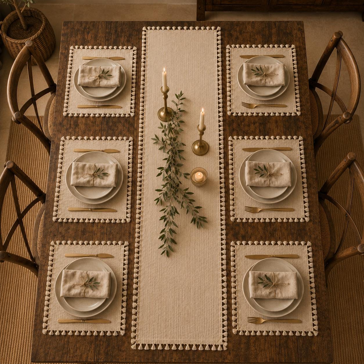 Cotton Table Runner & 6 Placemats Set, Beige Tassel Dining Tablecloth - Image 4