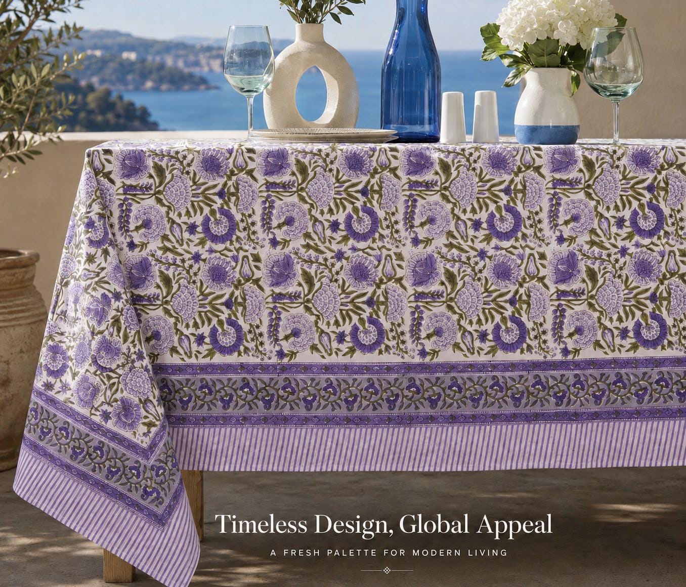 Gray Floral Hand Block Print Cotton Tablecloth Indian Table Cover. - Image 12