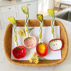 Ceramic Spoon Strawberry Apple Fruit Pattern Cute Dessert Rice Spoon