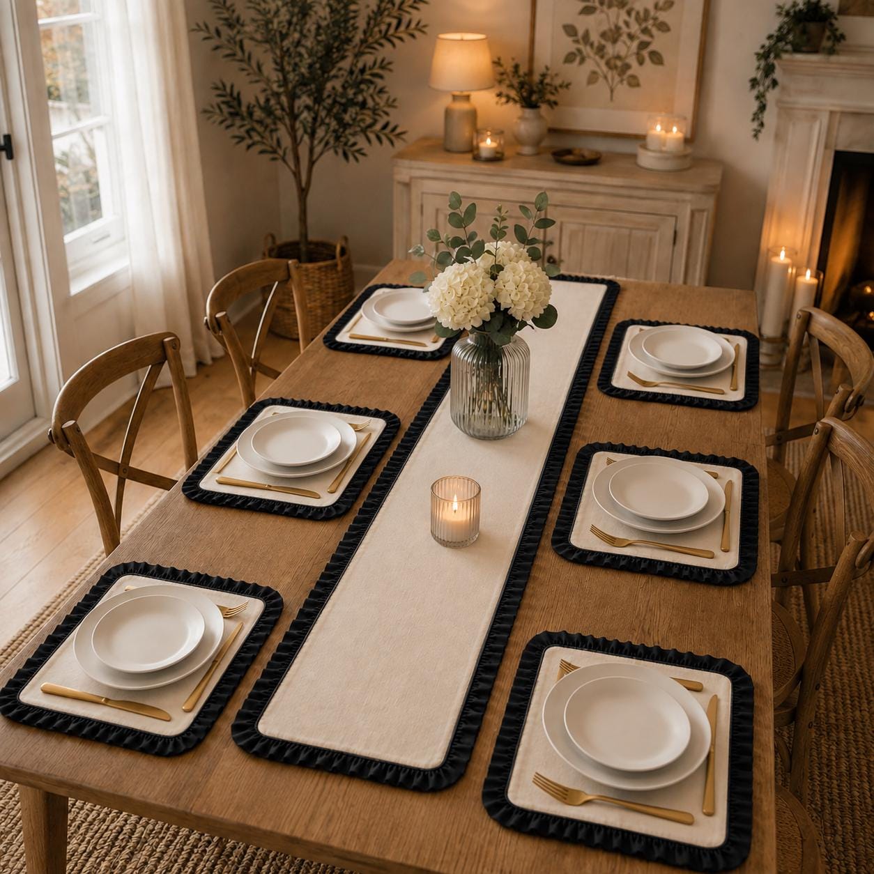 7 Piece Ruffled Table Runner Set, Placemats, Farmhouse Table Decor, Dining Table Linens - Image 3