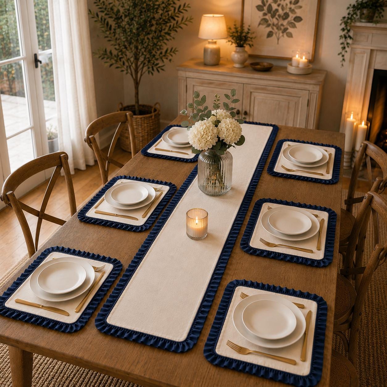 7 Piece Ruffled Table Runner Set, Placemats, Farmhouse Table Decor, Dining Table Linens - Image 2