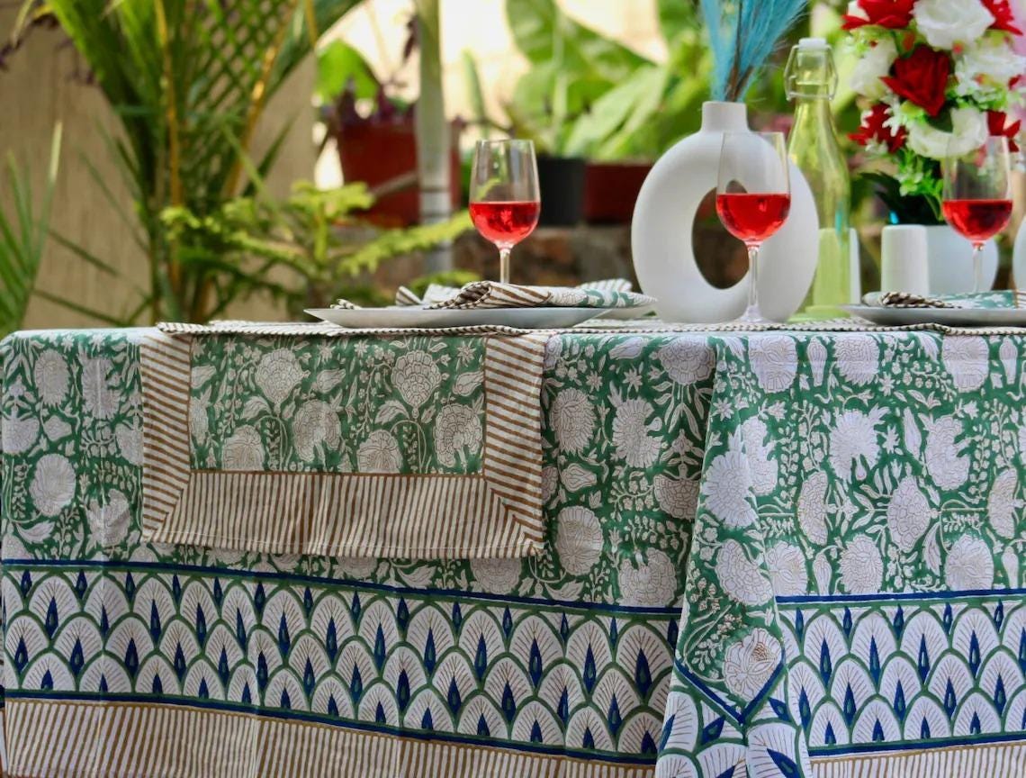 Gray Floral Hand Block Print Cotton Tablecloth Indian Table Cover. - Image 15