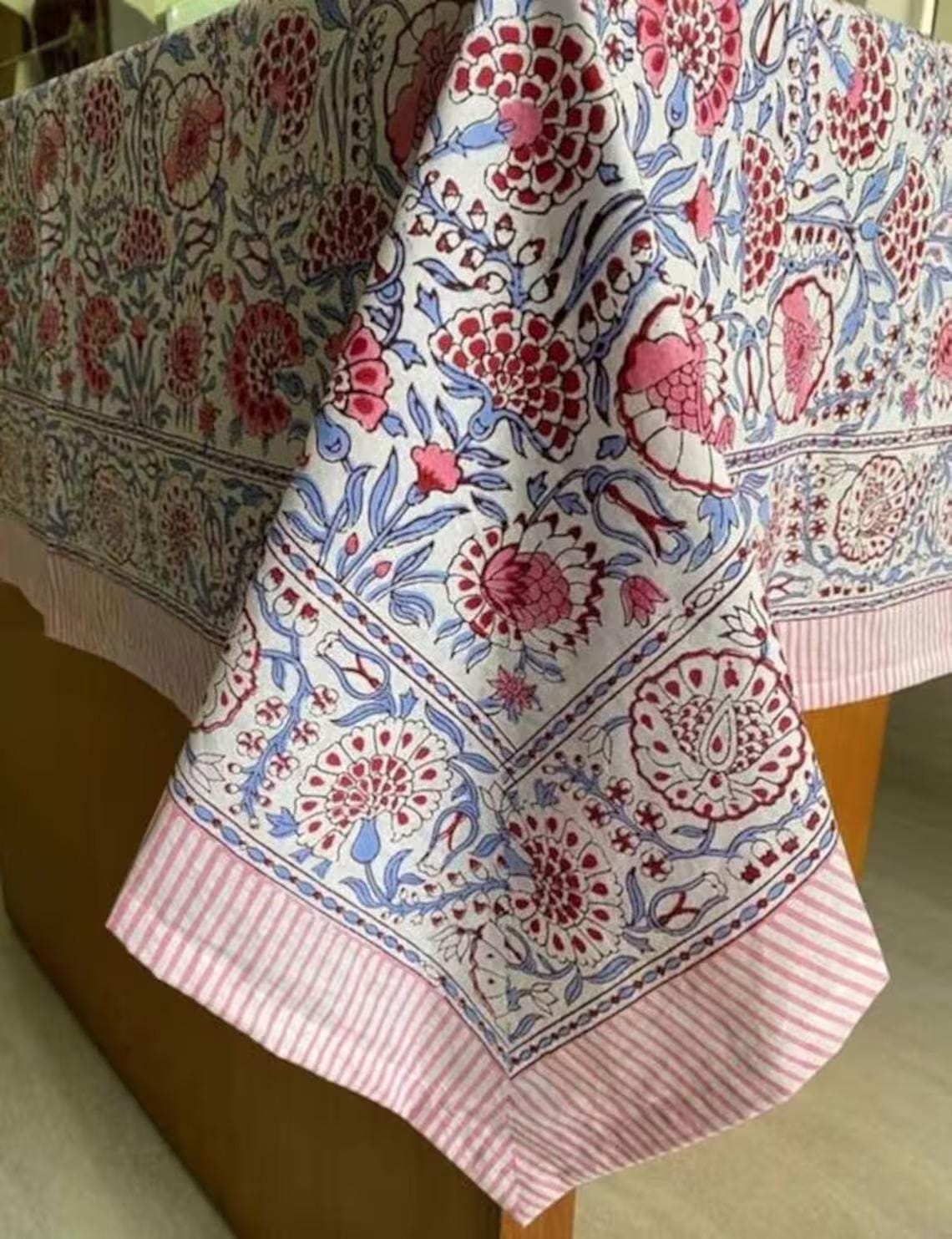 Gray Floral Hand Block Print Cotton Tablecloth Indian Table Cover. - Image 16