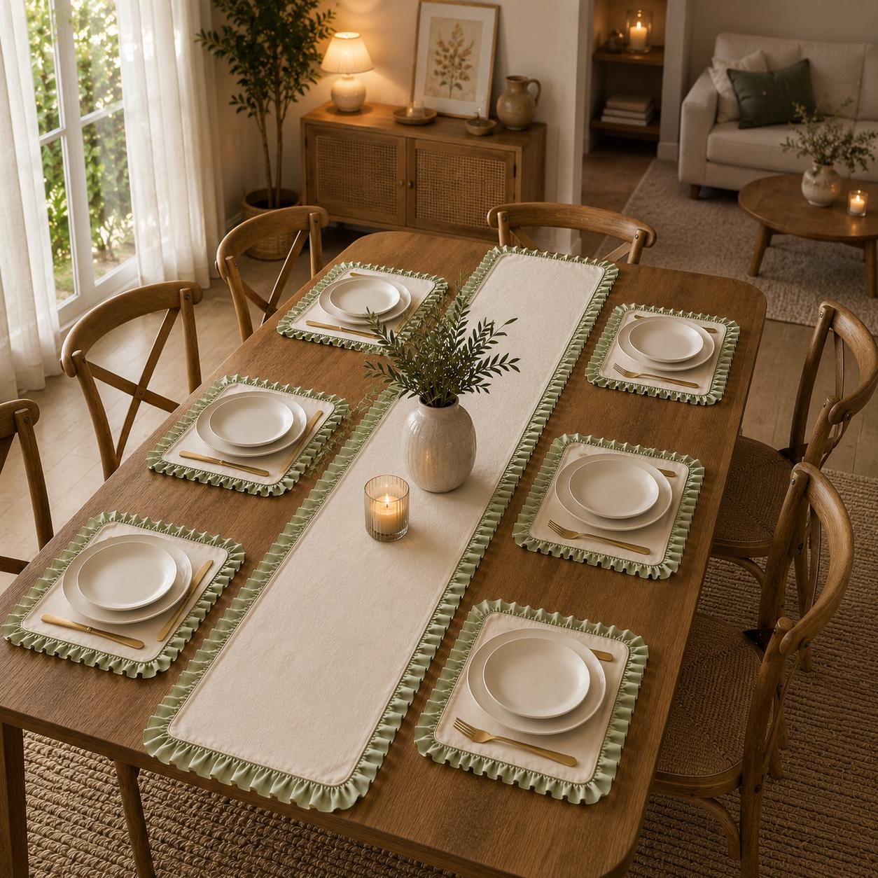 7 Piece Ruffled Table Runner Set, Placemats, Farmhouse Table Decor, Dining Table Linens - Image 5