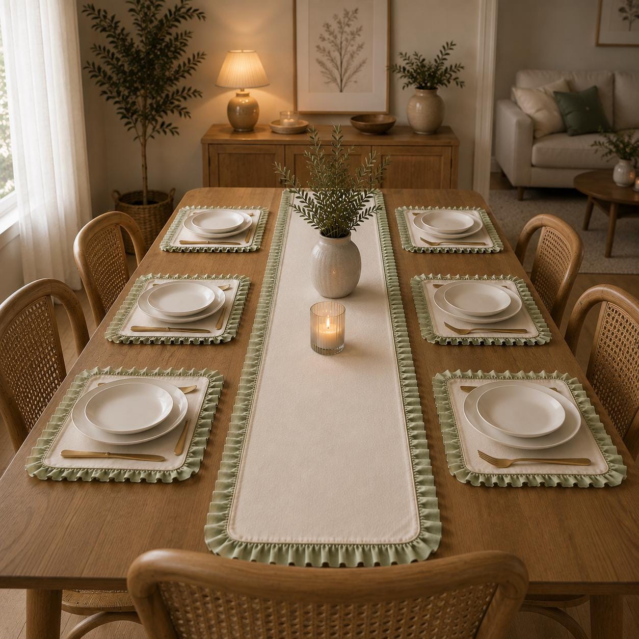 7 Piece Ruffled Table Runner Set, Placemats, Farmhouse Table Decor, Dining Table Linens - Image 7
