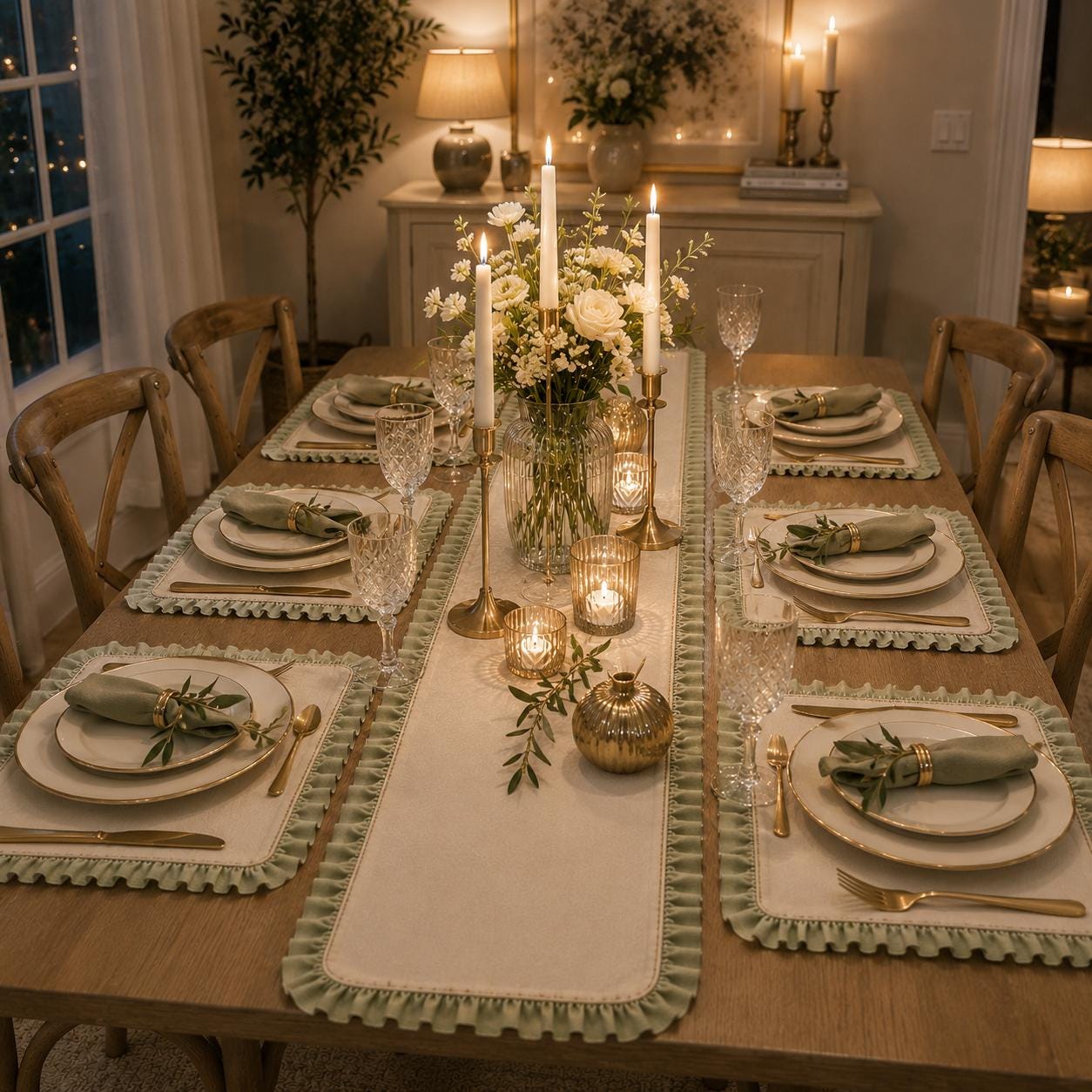 7 Piece Ruffled Table Runner Set, Placemats, Farmhouse Table Decor, Dining Table Linens - Image 9