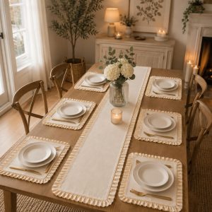 7 Piece Ruffled Table Runner Set, Placemats, Farmhouse Table Decor, Dining Table Linens