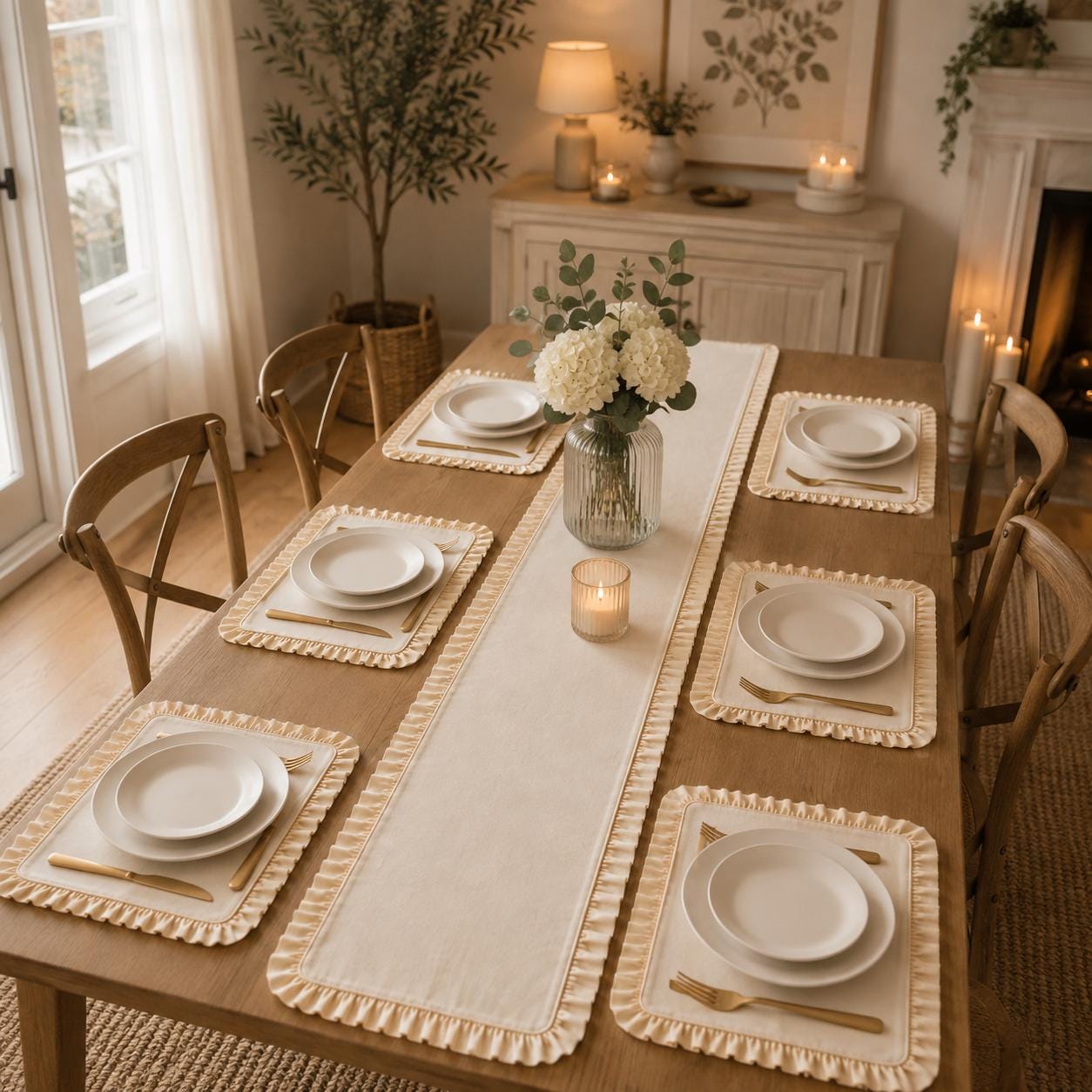 7 Piece Ruffled Table Runner Set, Placemats, Farmhouse Table Decor, Dining Table Linens