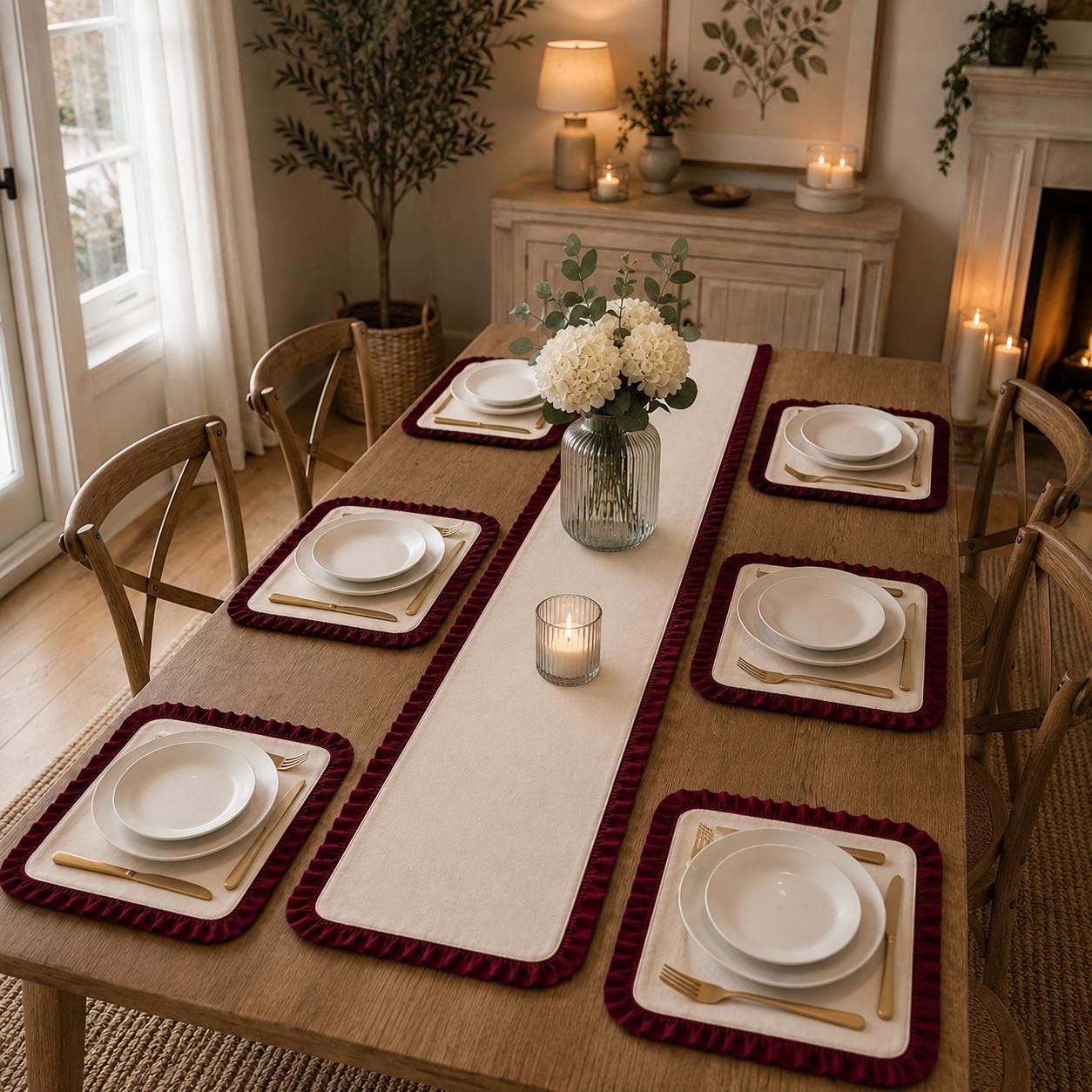 7 Piece Ruffled Table Runner Set, Placemats, Farmhouse Table Decor, Dining Table Linens - Image 4