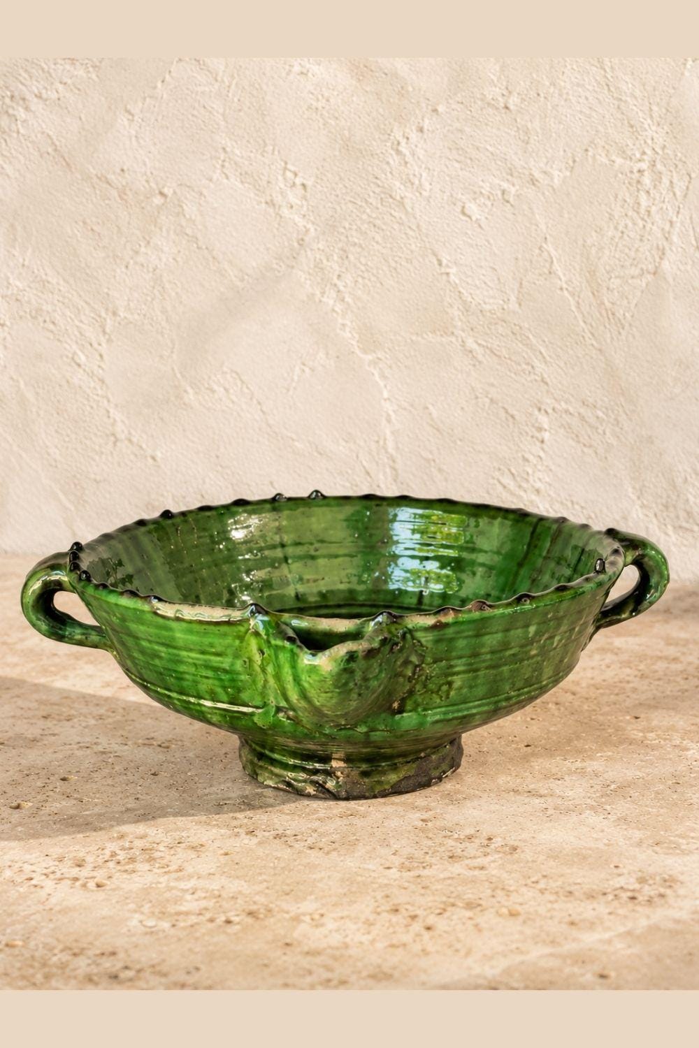 Tamegroute Green Ceramic Serving Bowl with Handles, 12 Inch
