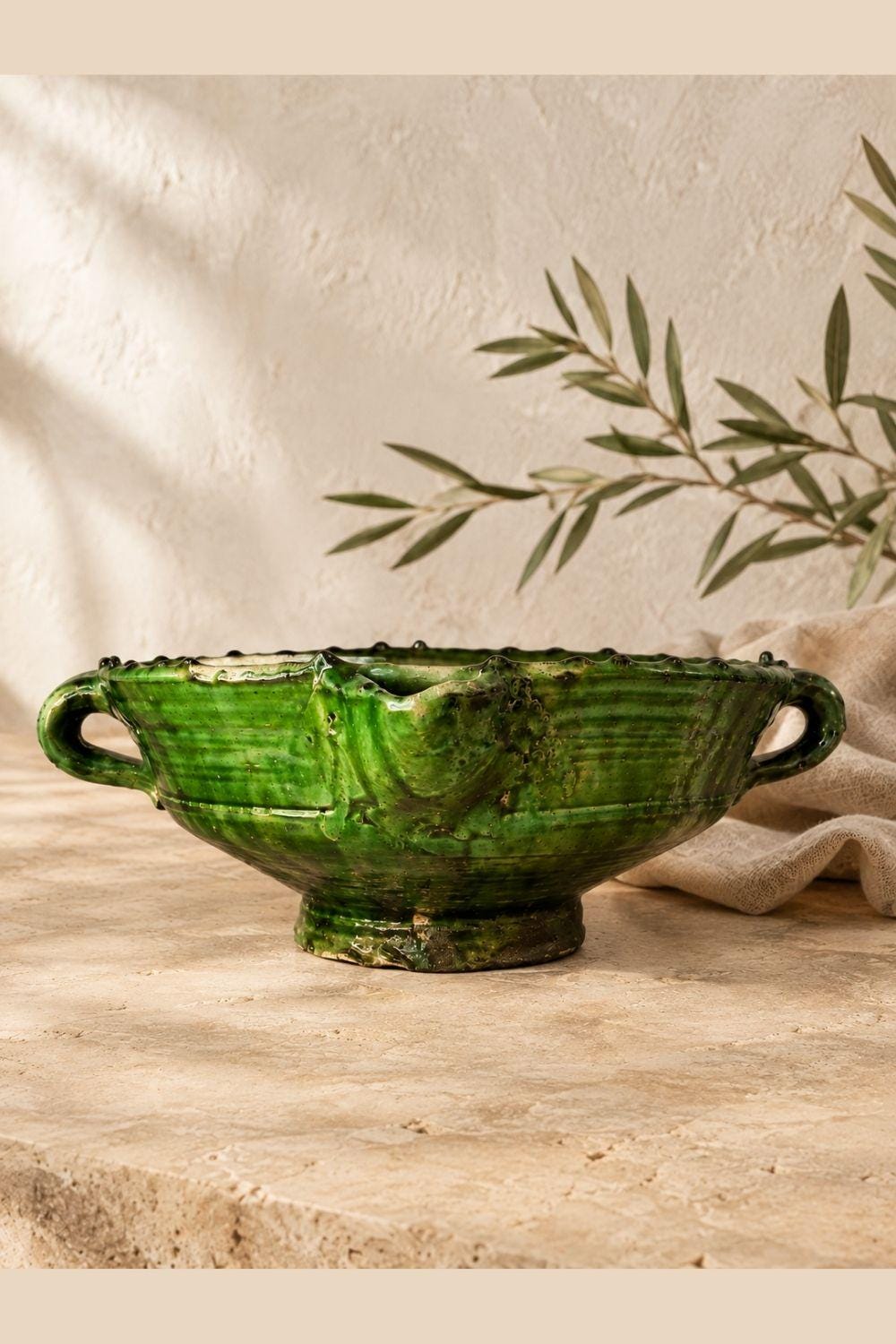 Tamegroute Green Ceramic Serving Bowl with Handles, 12 Inch - Image 3